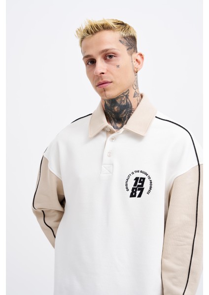 Erkek Contrast And Piped Polo Ekru Sweatshirt-Soft Beıge