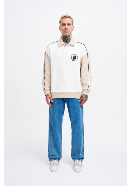 Erkek Contrast And Piped Polo Ekru Sweatshirt-Soft Beıge