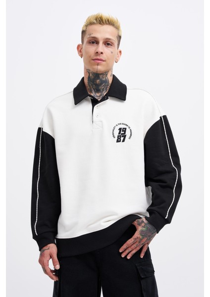 Erkek Contrast And Piped Polo Ekru Black Sweatshirt