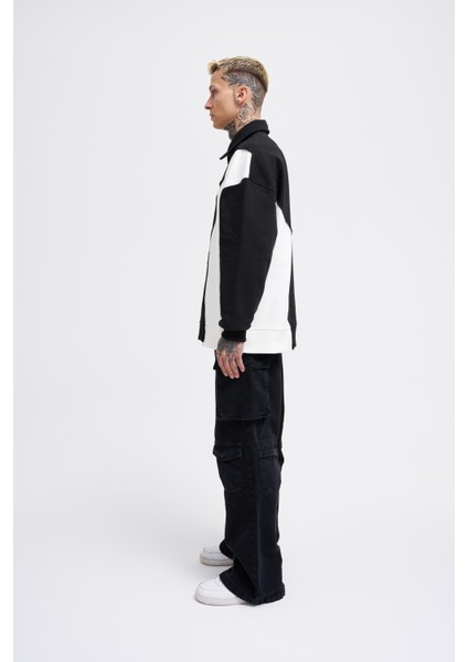 Erkek Distressed Stitch And Embroidered Polo Siyah Ekru Sweatshirt