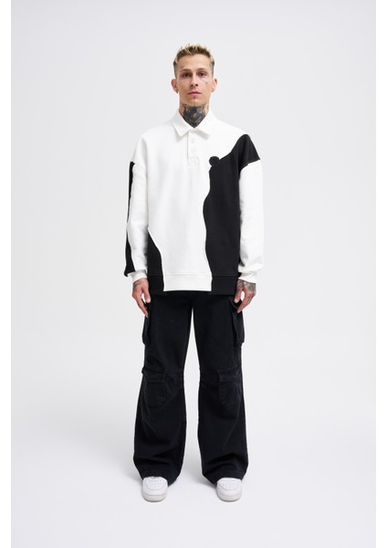 Erkek Distressed Stitch And Embroidered Polo Ekru Siyah Sweatshirt