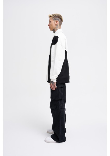 Erkek Distressed Stitch And Embroidered Polo Ekru Siyah Sweatshirt