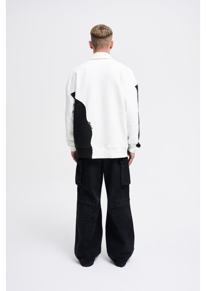 Erkek Distressed Stitch And Embroidered Polo Ekru Siyah Sweatshirt
