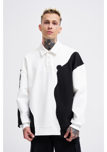Erkek Distressed Stitch And Embroidered Polo Ekru Siyah Sweatshirt