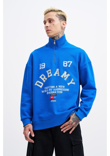 Erkek High Neck Printed Sweatshirt Soft Blue