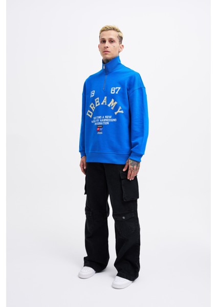 Erkek High Neck Printed Sweatshirt Soft Blue