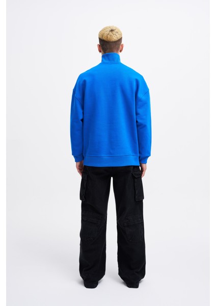 Erkek High Neck Printed Sweatshirt Soft Blue