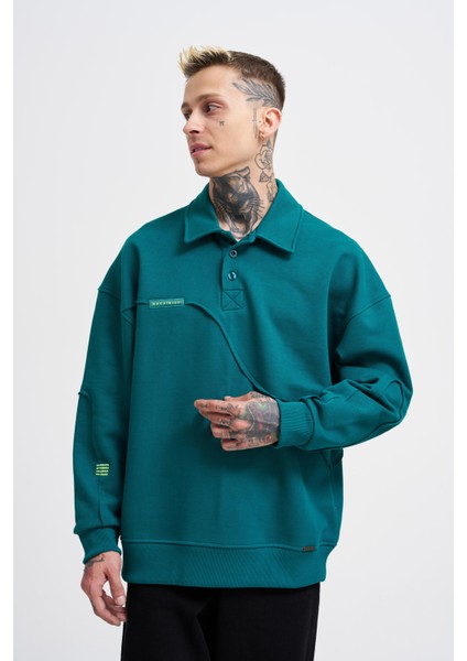 Erkek Distressed Stitch Polo Petrol Yeşili Sweatshirt
