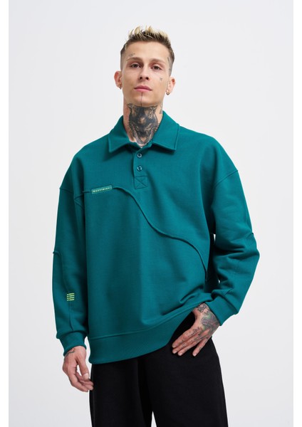 Erkek Distressed Stitch Polo Petrol Yeşili Sweatshirt fiyatları