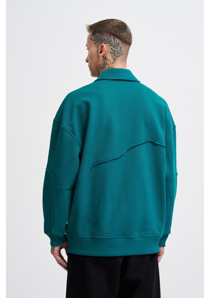 Erkek Distressed Stitch Polo Petrol Yeşili Sweatshirt fırsatları