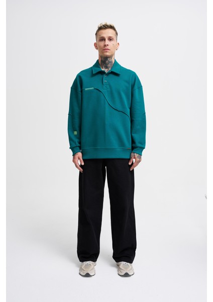 Erkek Distressed Stitch Polo Petrol Yeşili Sweatshirt indirimleri