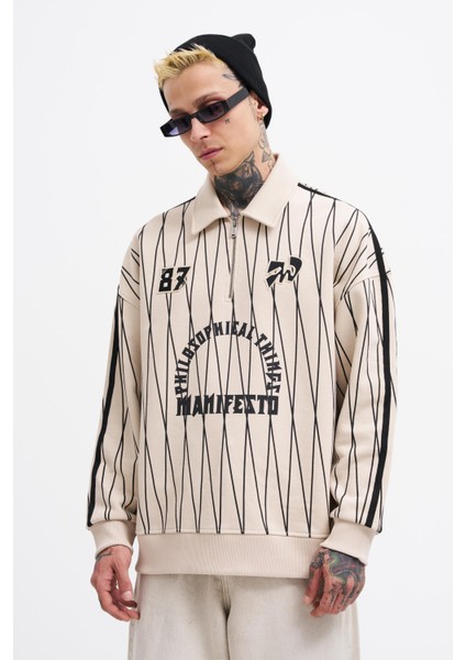 Erkek Printed And Zip Polo Sweatshirt Soft Beıge