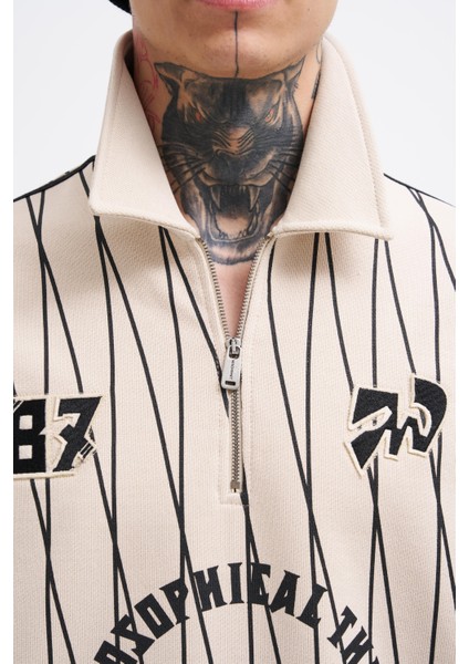 Erkek Printed And Zip Polo Sweatshirt Soft Beıge