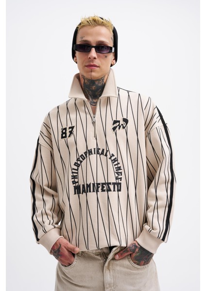 Erkek Printed And Zip Polo Sweatshirt Soft Beıge