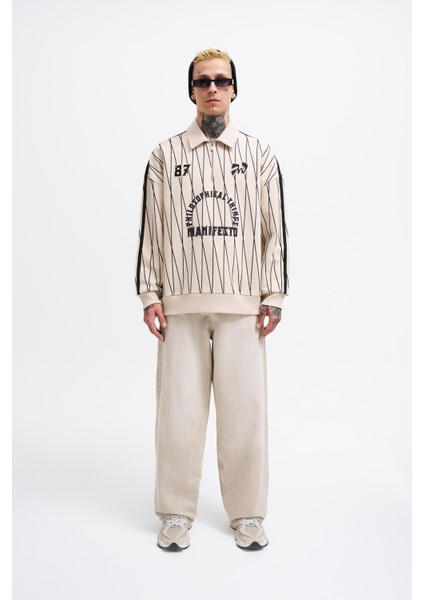 Erkek Printed And Zip Polo Sweatshirt Soft Beıge