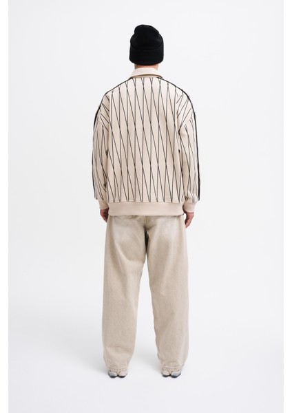 Erkek Printed And Zip Polo Sweatshirt Soft Beıge