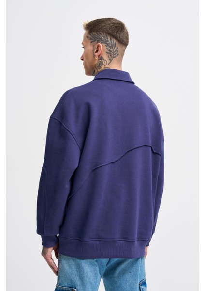 Erkek Distressed Stitch Polo Lacivert Sweatshirt modelleri
