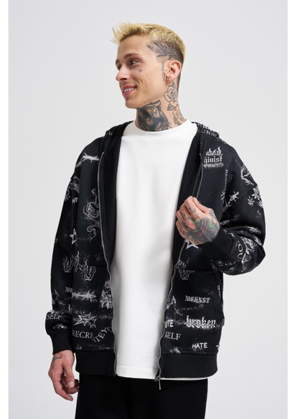 Erkek Printed And Washing Zip Siyah Hoodie