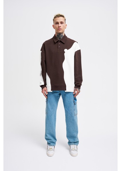 Erkek Distressed Stitch And Embroidered Polo Kahve Ekru Sweatshirt
