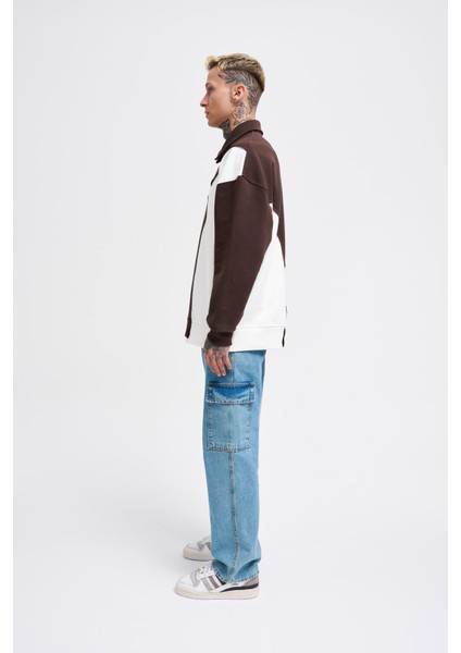 Erkek Distressed Stitch And Embroidered Polo Kahve Ekru Sweatshirt