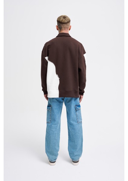 Erkek Distressed Stitch And Embroidered Polo Kahve Ekru Sweatshirt
