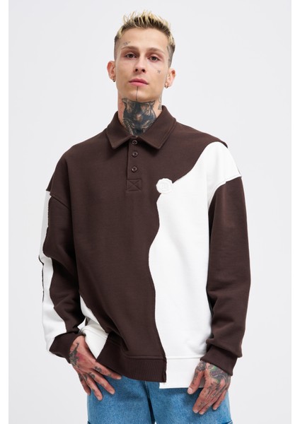 Erkek Distressed Stitch And Embroidered Polo Kahve Ekru Sweatshirt