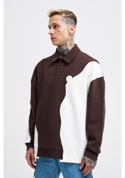 Erkek Distressed Stitch And Embroidered Polo Kahve Ekru Sweatshirt