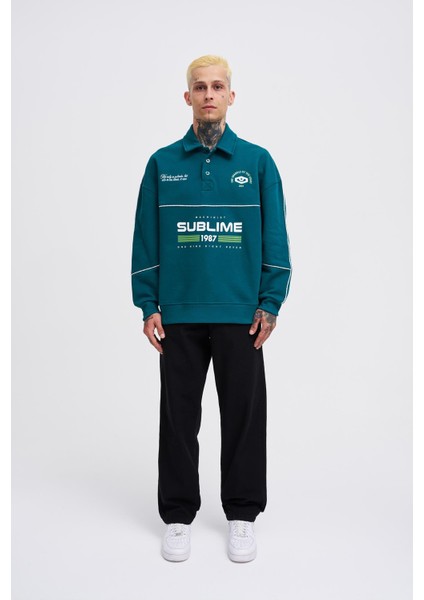 Erkek Sublime Printed Polo Petrol Yeşili Sweatshirt