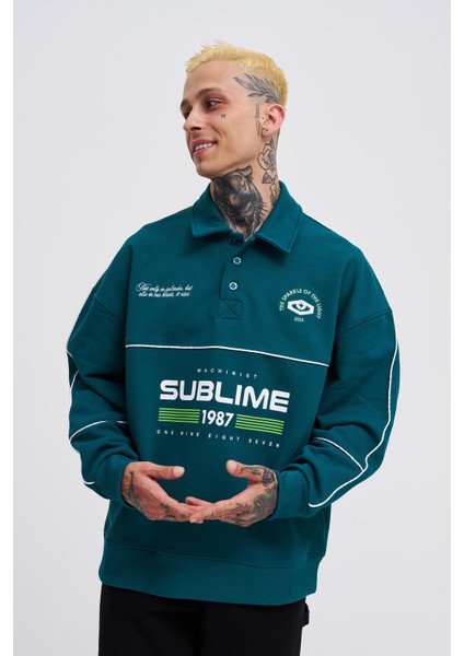 Erkek Sublime Printed Polo Petrol Yeşili Sweatshirt