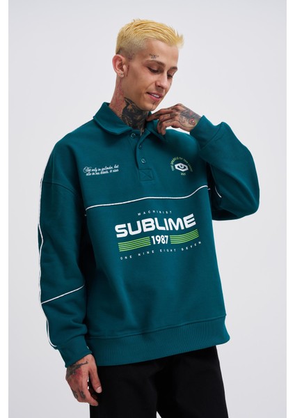 Erkek Sublime Printed Polo Petrol Yeşili Sweatshirt