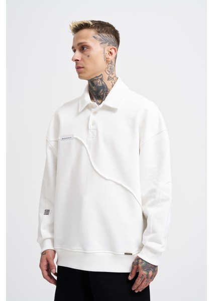 Erkek Distressed Stitch Polo Ekru Sweatshirt