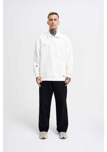 Erkek Distressed Stitch Polo Ekru Sweatshirt