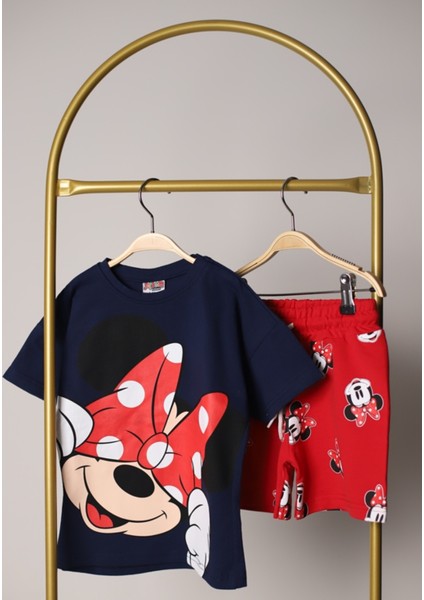 Minnie Mouse Baskılı Kız Çocuk Alt Üst Tişort ve Şort Takımı - 2'li Yazlık Set