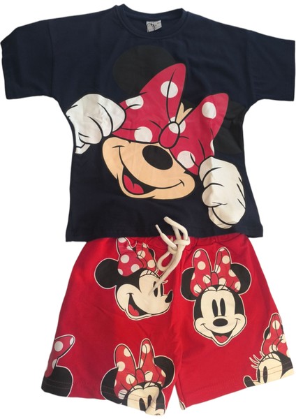 Minnie Mouse Baskılı Kız Çocuk Alt Üst Tişort ve Şort Takımı - 2'li Yazlık Set
