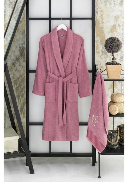 Kadın Havlulu Banyo Bornoz Takımı &#37;100 Pamuklu Mürdüm