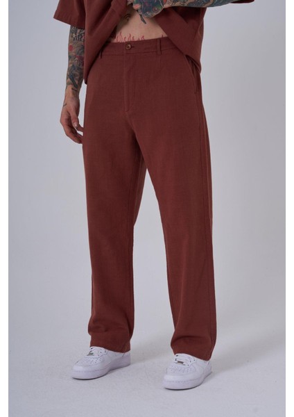 Erkek Keten Baggy Kahve Pantolon