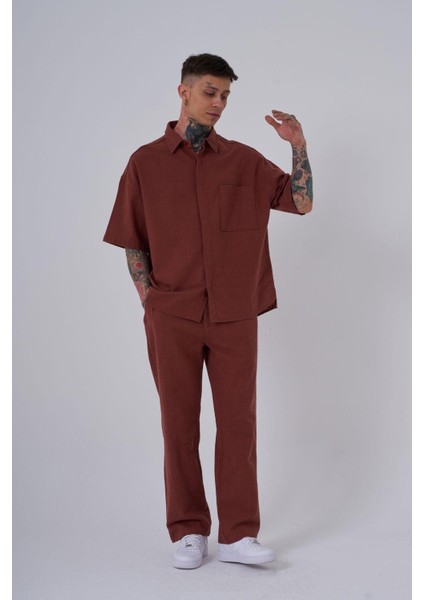 Erkek Keten Baggy Kahve Pantolon
