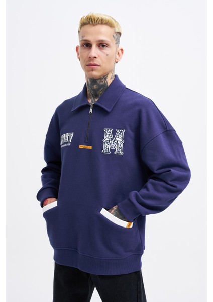 Erkek Felt Badge Zip Polo Lacivert Sweatshirt