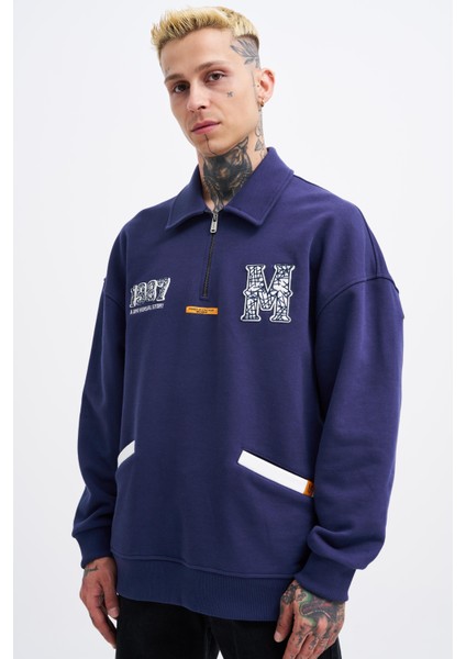Erkek Felt Badge Zip Polo Lacivert Sweatshirt fiyatları