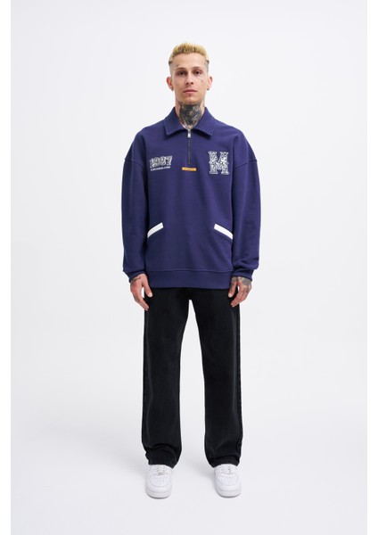 Erkek Felt Badge Zip Polo Lacivert Sweatshirt modelleri