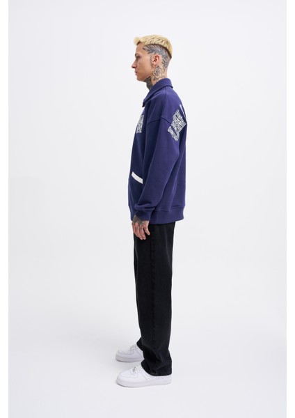 Erkek Felt Badge Zip Polo Lacivert Sweatshirt fırsatları
