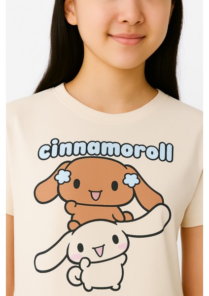 Kız Çocuk Cinnamoroll Baskılı Tişört – Krem Renk Pamuklu Crop Model modelleri