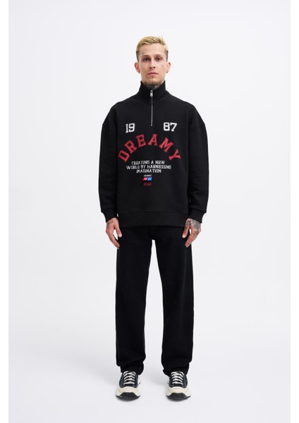 Erkek High Neck Printed Siyah Sweatshirt
