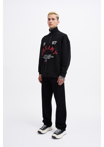 Erkek High Neck Printed Siyah Sweatshirt