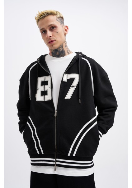 Erkek 87 Aplique Siyah Zip Jacket