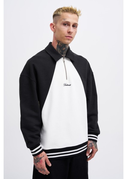 Erkek Embroidered Detailed Polo Ekru Black Sweatshirt