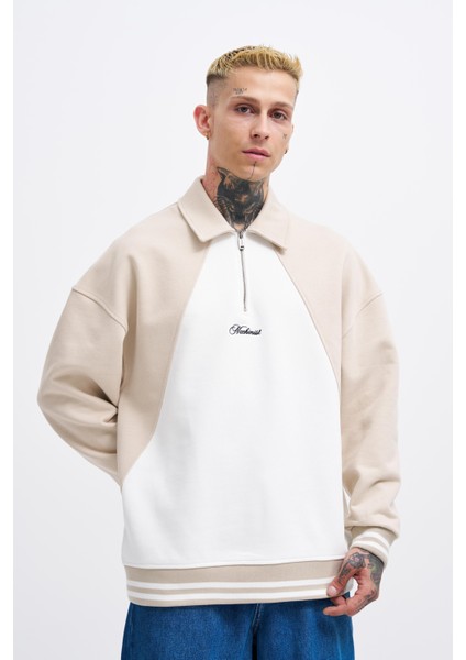 Erkek Embroidered Detailed Polo Ekru Sweatshirt-Soft Beıge
