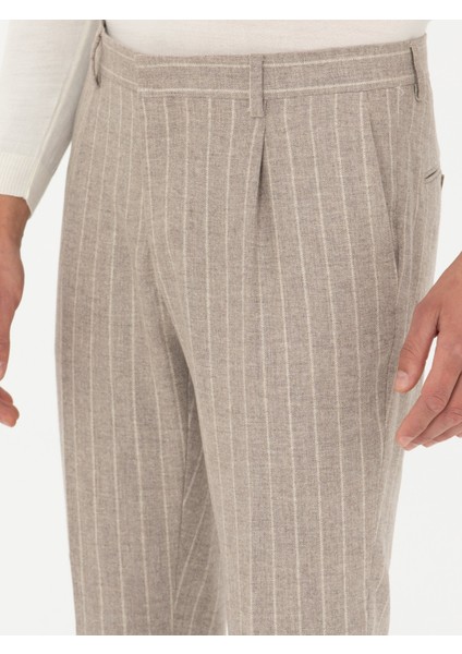Erkek Bej Slim Fit Yün Kaşmir Karışımlı Çizgili Kumaş Pantolon 50272619-VR011
