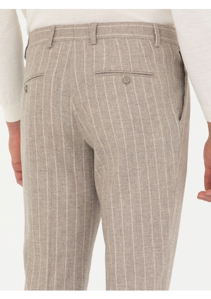 Erkek Bej Slim Fit Yün Kaşmir Karışımlı Çizgili Kumaş Pantolon 50272619-VR011