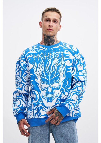 Erkek Skull Baskılı Oversize Saks Sweatshirt